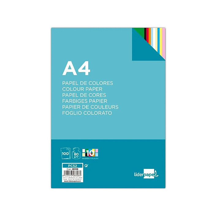 LIDERPAPEL Papier couleur multifonction a4 80g/m2 10 coloris assortis paquet 100 feuilles x 25