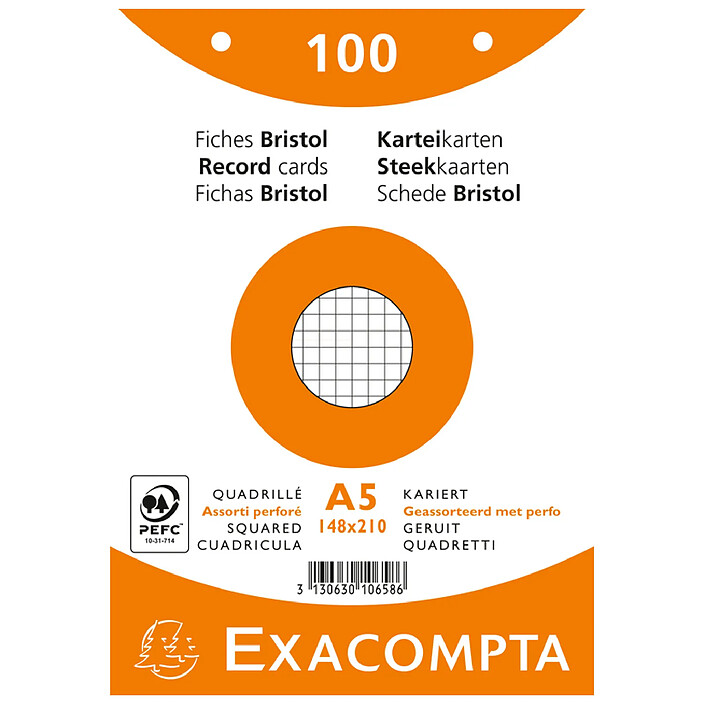 EXACOMPTA Paquet 100 fiches Bristol quadrillé 5x5 perforé - 148x210mm - Couleurs assorties