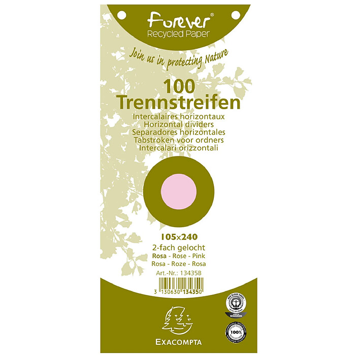 EXACOMPTA Paquet de 100 Fiches Intercalaire 105x240 Recyclées 2 trous Rose x 12