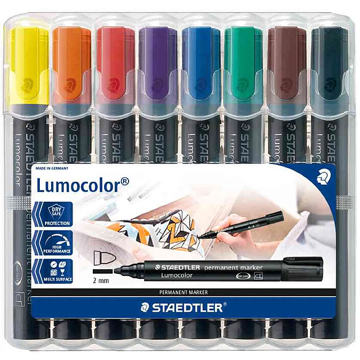 STAEDTLER Etui Chevalet Box 8 Marqueurs Lumocolor Permanents Pointe Ogive 2 mm Assortis