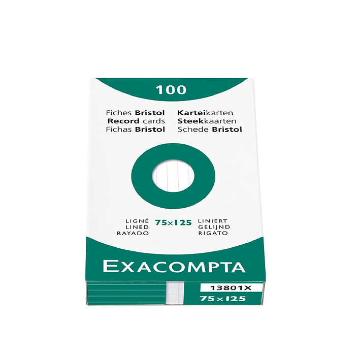 EXACOMPTA Étui de 100 fiches bristol blanc ligné non perforé 75x125mm Blanc x 10