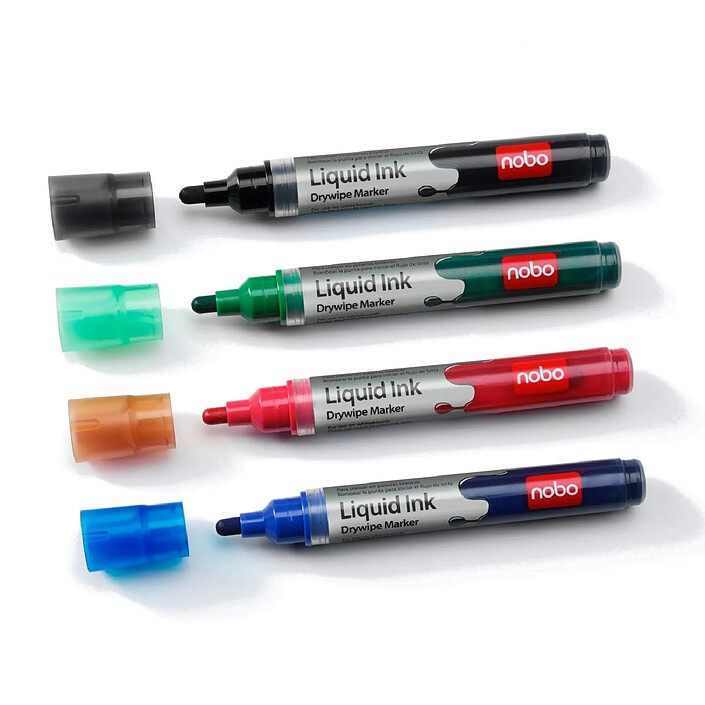 NOBO Lot de 4 Marqueur effaçable à sec Liquid Ink Pointe ogive Coloris assortis