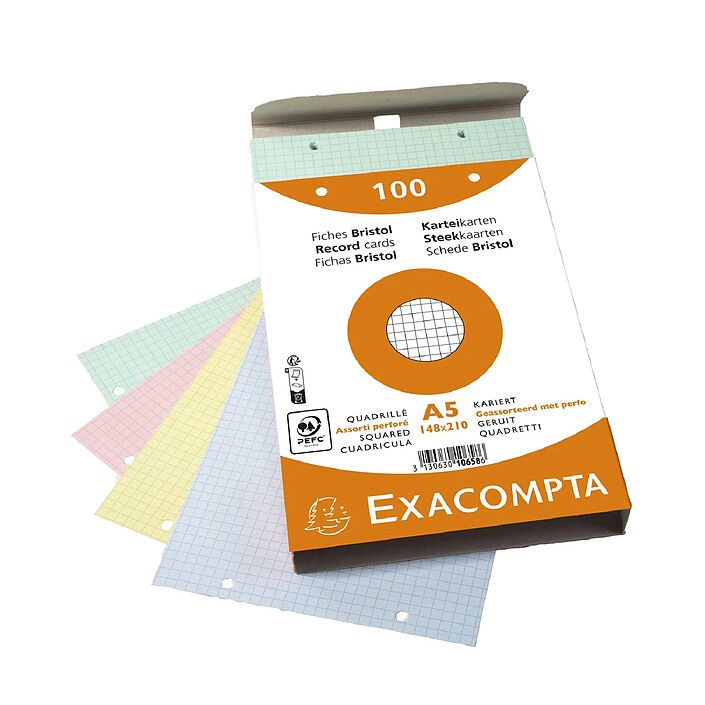 Acheter EXACOMPTA Paquet 100 fiches Bristol quadrillé 5x5 perforé - 148x210mm - Couleurs assorties