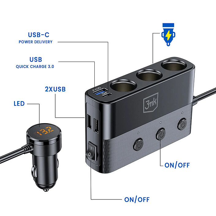 Avis 3mk Chargeur Voiture 7-en-1 avec 3 Prises Allume-Cigare 10A PD 120W Noir