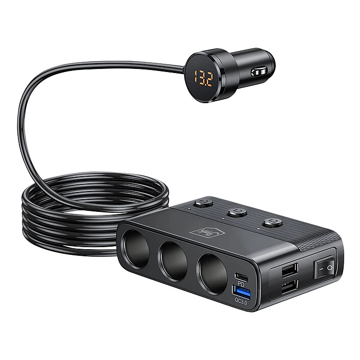 3mk Chargeur Voiture 7-en-1 avec 3 Prises Allume-Cigare 10A PD 120W Noir