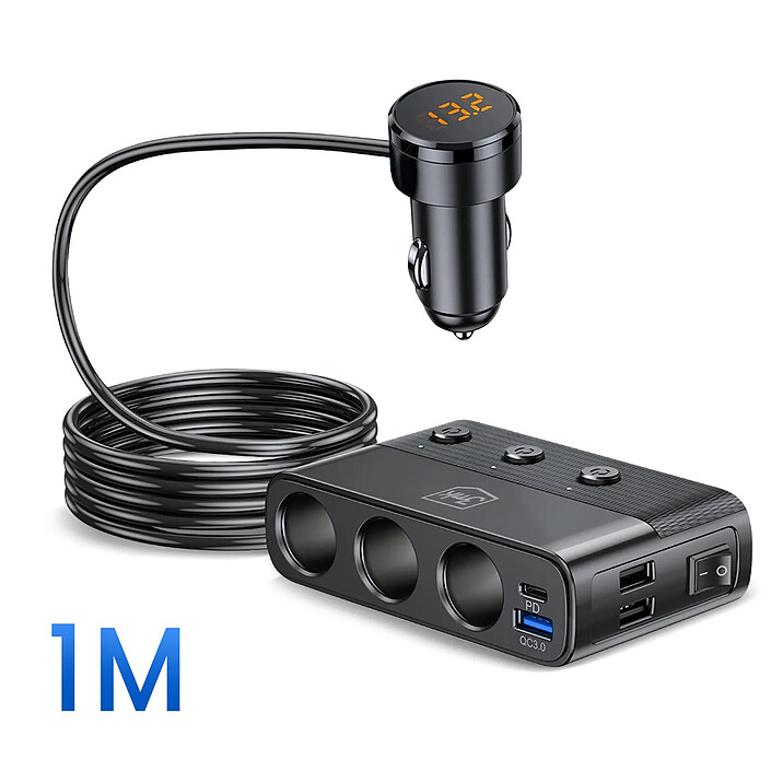 3mk Chargeur Voiture 7-en-1 avec 3 Prises Allume-Cigare 10A PD 120W Noir pas cher