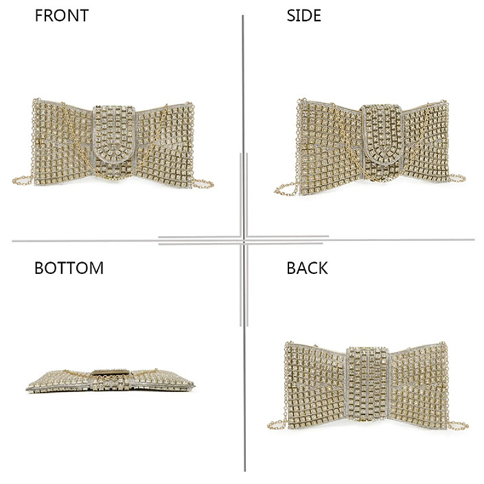 Avis Avizar Pochette Bandoulière de Soirée pour Femme à Strass Forme Nœud Dorée