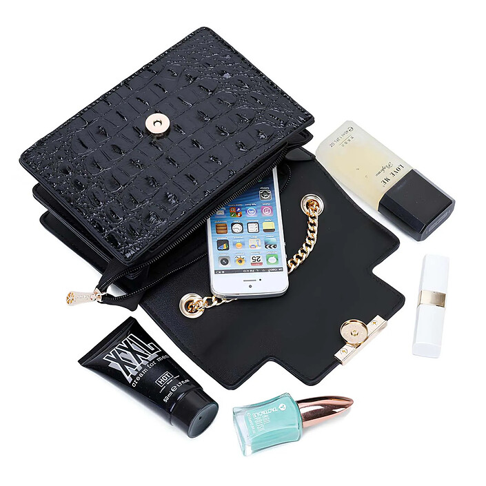 Acheter Avizar Sac Bandoulière pour Femme Effet Croco Vernis avec Fermoir à Bouton-pression Noir