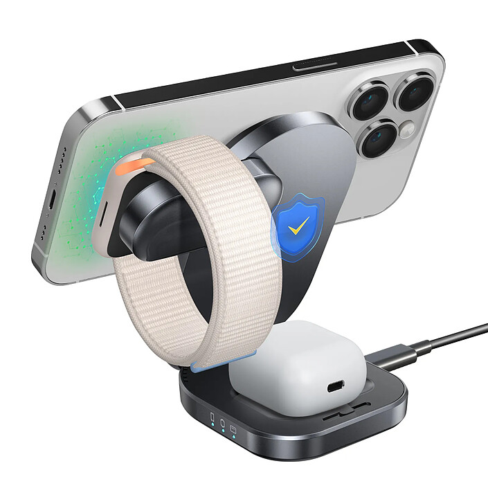 Swissten Station de Charge Qi2 3 en 1 pour iPhone MagSafe / AirPods / Watch Pliable Noir pas cher