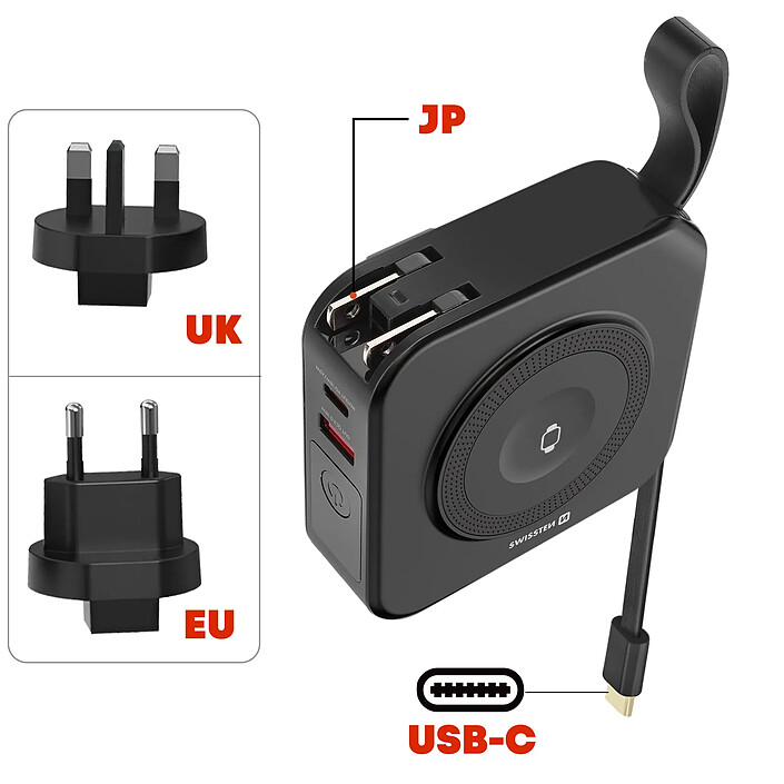 Swissten Powerbank All-in-One Pro MagSafe / USB / USB-C avec Prises internationales Noir pas cher