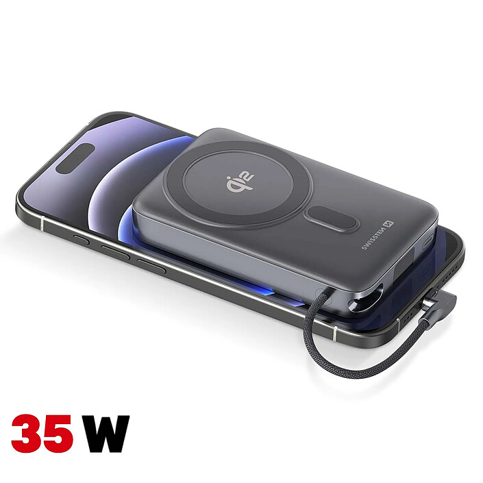 Swissten Powerbank Qi2 10000mAh compatible MagSafe et USB-C 35W avec Béquille support Gris pas cher