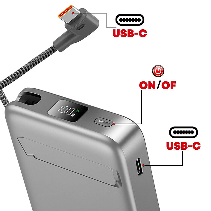 Avis Swissten Powerbank Qi2 10000mAh compatible MagSafe et USB-C 35W avec Béquille support Gris