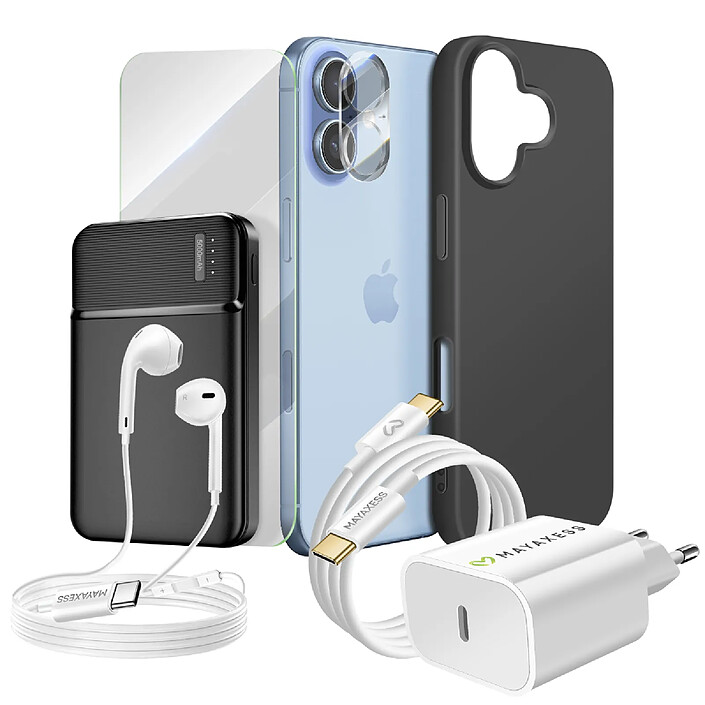 Mayaxess Pack Complet pour iPhone 17 Coque, Verre, Chargeurs, Batterie externe, écouteurs (7 pièces) Noir