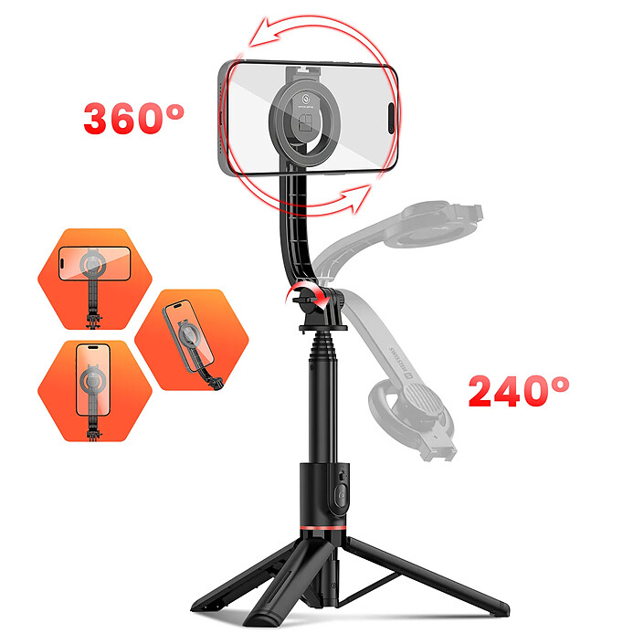 Acheter Swissten Perche à Selfie MagSafe 2 en 1 pour iPhone avec Trépied et Télécommande Noir / Rouge