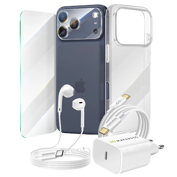 Mayaxess Pack Essentiel pour iPhone 17 Pro Coque, Verre, Chargeurs, écouteurs (6 pièces) Transparent