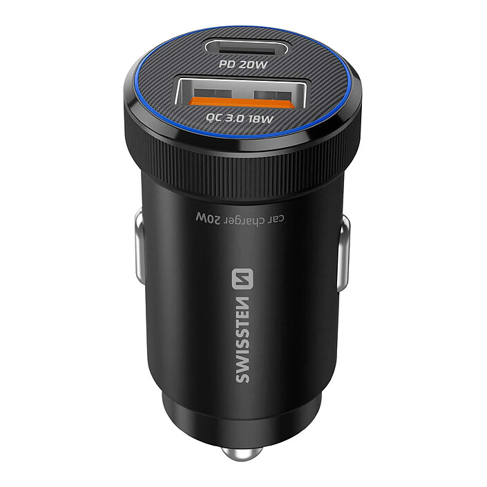 Swissten Chargeur Voiture Fast Charging 20W USB-C Power Delivery et USB 3.0 Noir