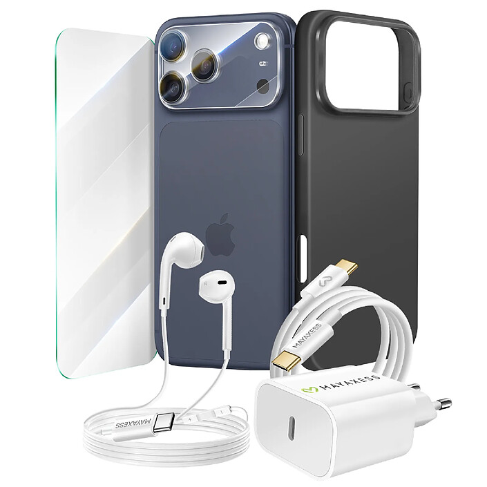Mayaxess Pack Essentiel pour iPhone 17 Pro Coque, Verre, Chargeurs, écouteurs (6 pièces) Noir