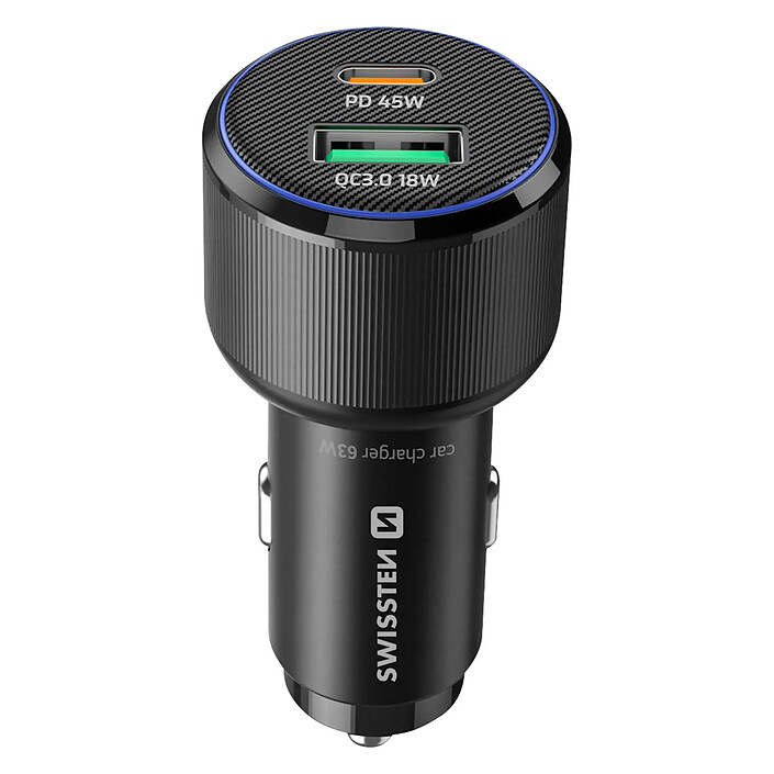 Swissten Chargeur Voiture Fast Charging 63W USB-C Power Delivery 45W et USB 3.0 18W Noir