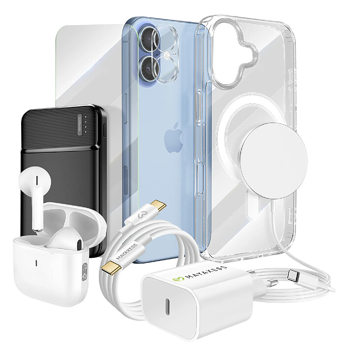 Mayaxess Pack Elite pour iPhone 17 Coque, Verre, Chargeurs, Batterie externe, Magsafe, Écouteurs Bluetooth (8 pièces) Transparent