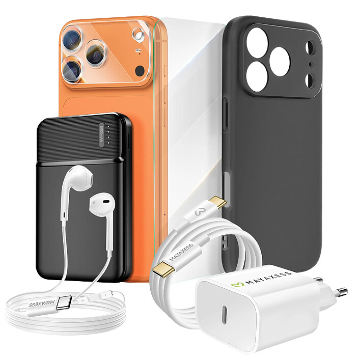Mayaxess Pack Complet pour iPhone 17 Pro Coque, Verre, Chargeurs, Batterie externe, écouteurs (7 pièces) Noir