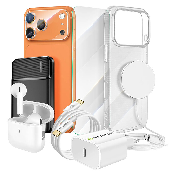 Mayaxess Pack Elite pour pour iPhone 17 Pro Max Coque, Verre, Chargeurs, Batterie externe, Magsafe, Écouteurs Bluetooth (8 pièces) Transparent