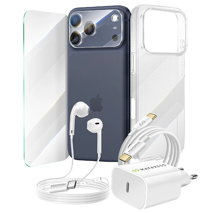 Mayaxess Pack Essentiel pour iPhone 17 Pro Max Coque, Verre, Chargeurs, écouteurs (6 pièces) Transparent
