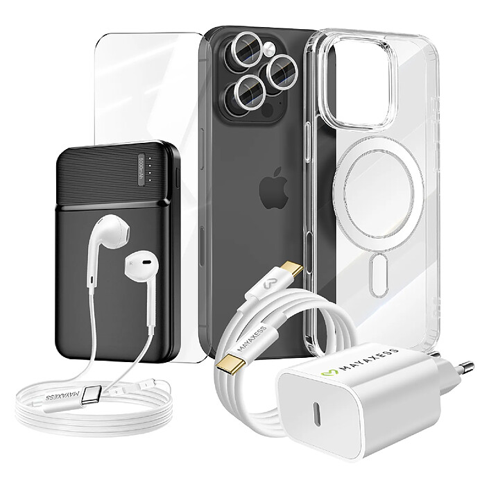 Mayaxess Pack Complet pour iPhone 16 Pro Coque, Verre, Chargeurs, Batterie externe, écouteurs (7 pièces) Transparent