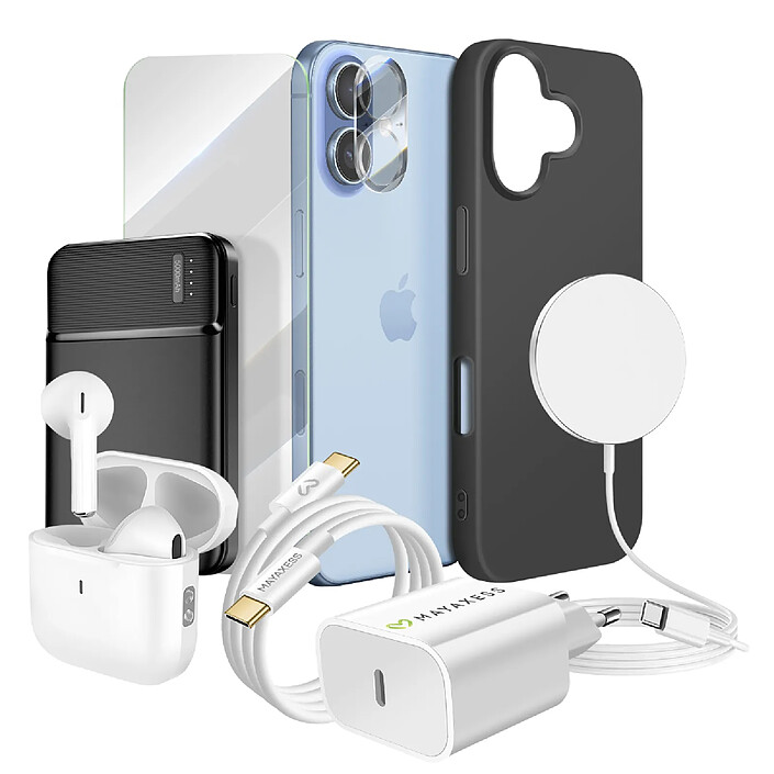 Mayaxess Pack Elite pour iPhone 17 Coque, Verre, Chargeurs, Batterie externe, Magsafe, Écouteurs Bluetooth (8 pièces) Noir