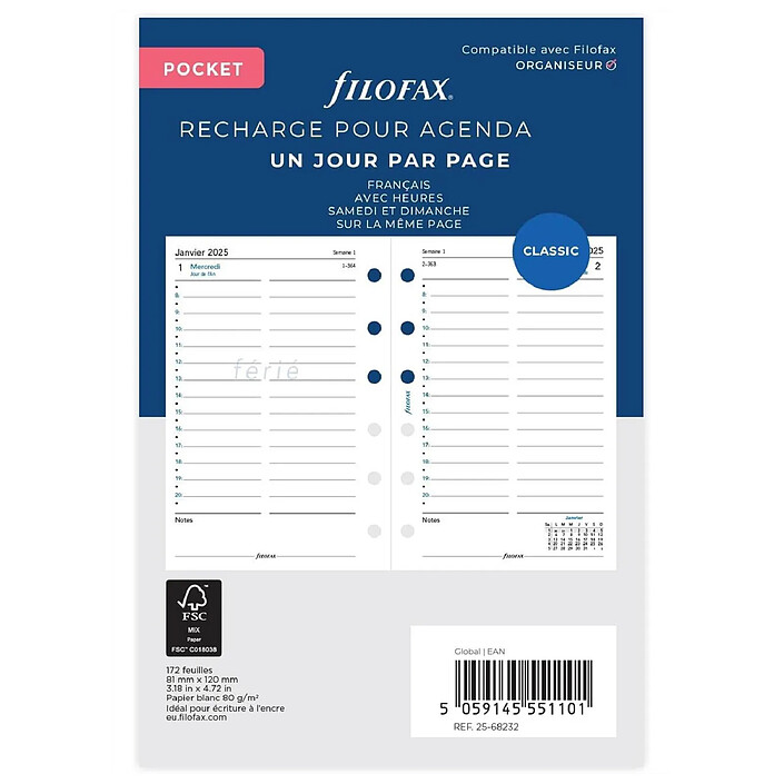 FILOFAX Recharge pour agenda Pocket Jour par page - français - 2026