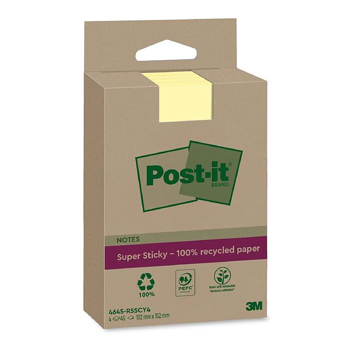POST-IT Lot de 4 blocs repositionnable Super Sticky 100% recyclé Jaune