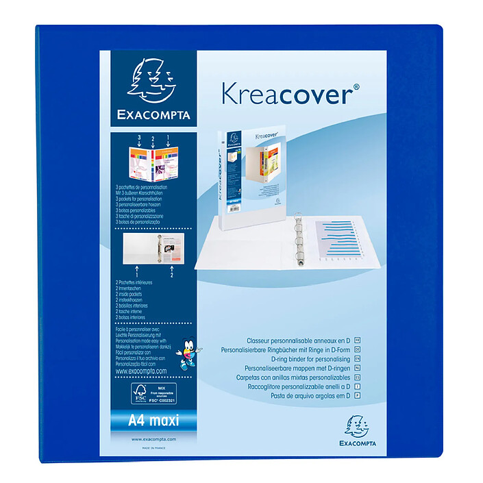 EXACOMPTA Classeur personnalisable Kreacover A4 Maxi 4 Ax Diam 60mm Dos 86 mm Bleu