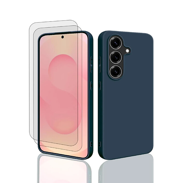 Evetane Coque Galaxy S25 Silicone liquide Bleu + 2 Vitres en Verre trempé Protection écran Antichocs