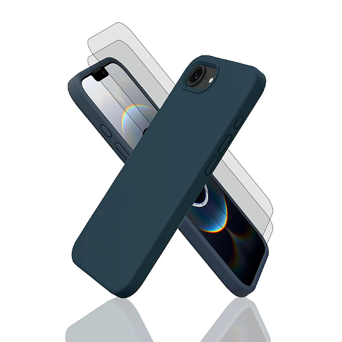Evetane Coque iPhone 16e / 17e Silicone liquide Bleu + 2 Vitres en Verre trempé Protection écran Antichocs