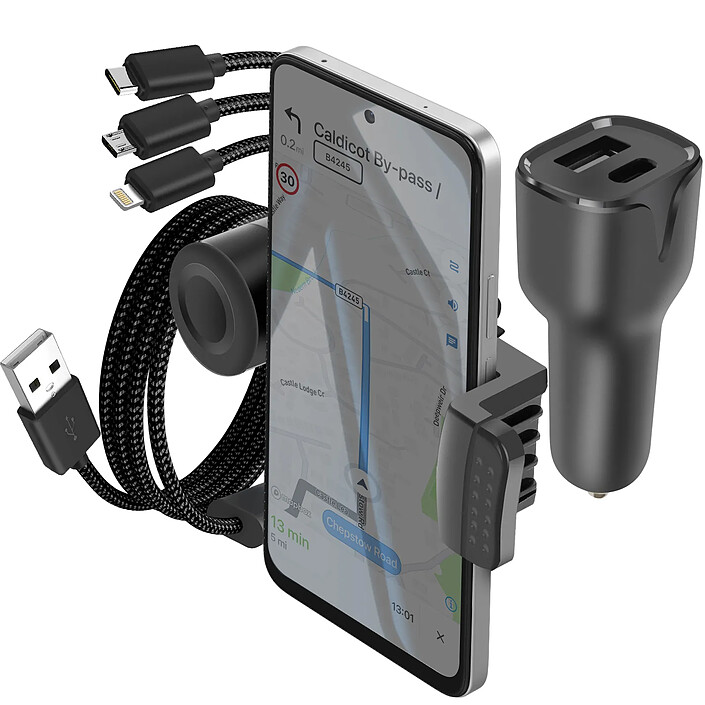Pack Accessoires Voiture avec Chargeur USB-C + Câble 3 en 1 et Support Noir