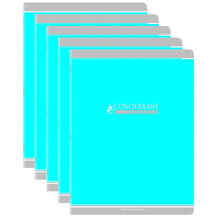 CONQUÉRANT Cahier conquérant classique agrafé 24 x 32 cm 96P 90G grands carreaux bleu x 5