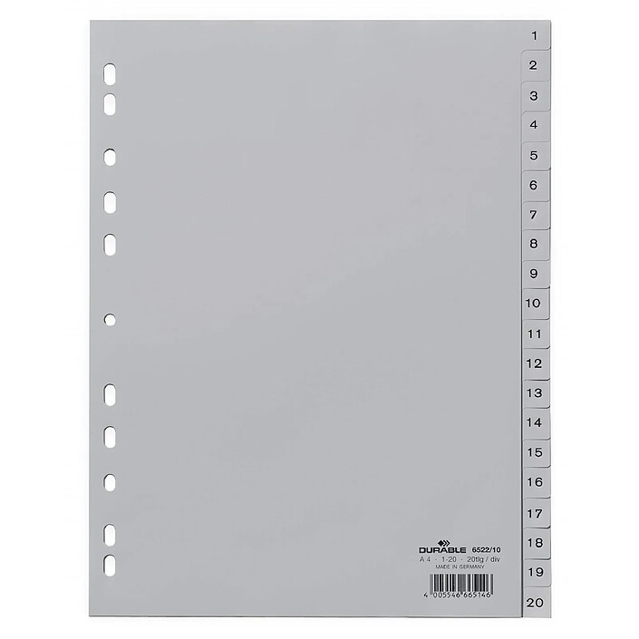 DURABLE Jeu intercalaire Numérique A4 20 Chiffres Polypro Gris x 20
