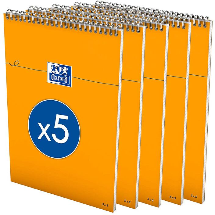 OXFORD Bloc-notes à spirale 80 feuilles A4+ 210 x 315 mm quadrillé 80g x 5
