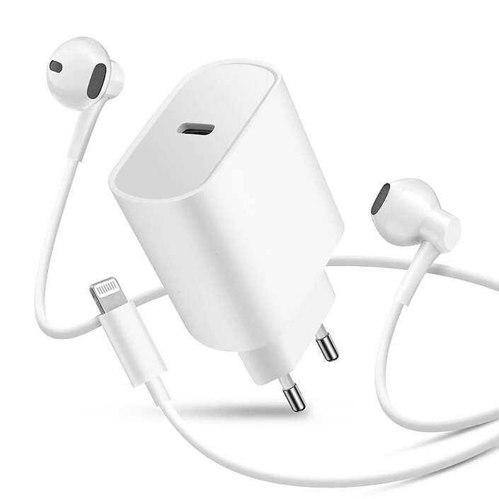 Avizar Pack Chargeur USB-C 20W + Écouteurs Filaires Lightning avec Télécommande Blanc