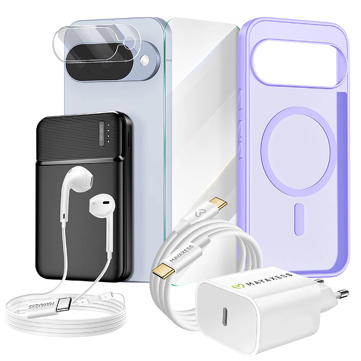 Mayaxess Pack Complet pour Pixel 10 Coque, Verre, Chargeurs, Batterie externe, écouteurs (7 pièces) Violet