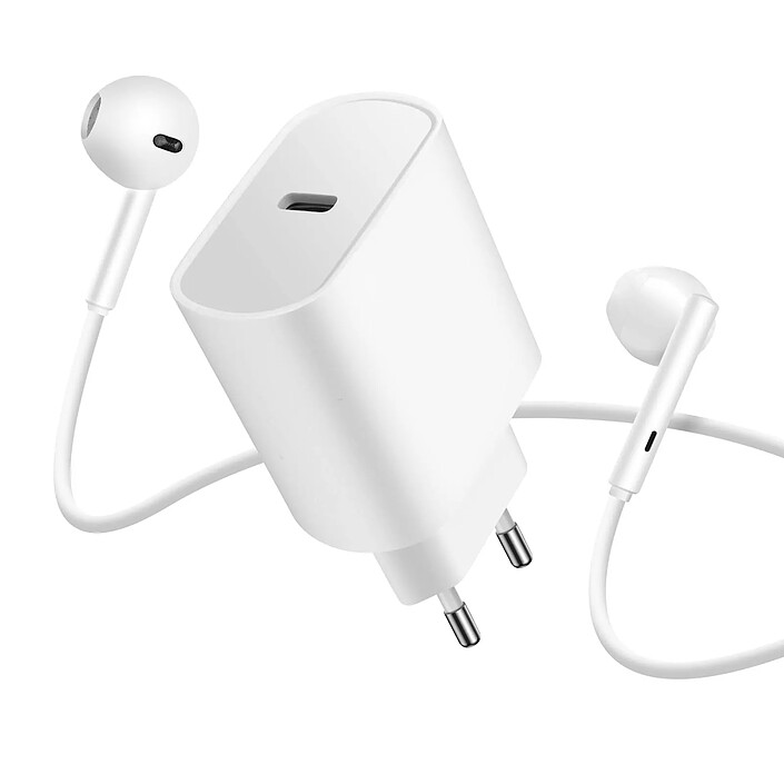 Avizar Pack Chargeur USB-C 20W + Écouteurs Filaires USB-C avec Télécommande Blanc