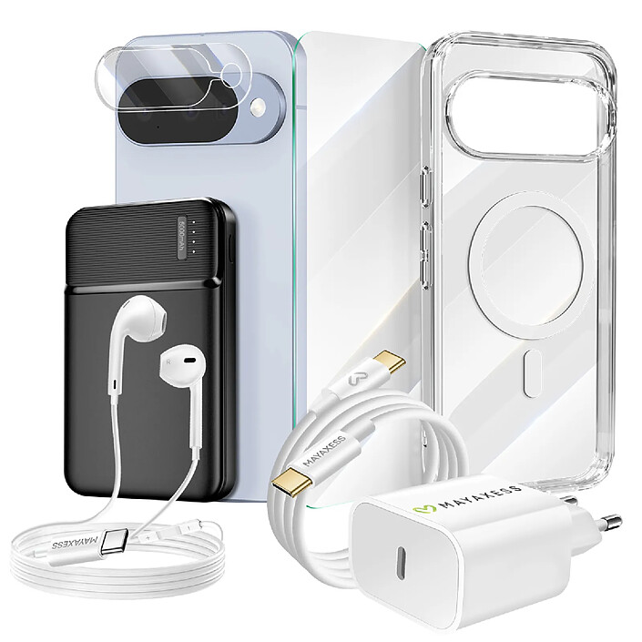 Mayaxess Pack Complet pour Pixel 10 Coque, Verre, Chargeurs, Batterie externe, écouteurs (7 pièces) Transparent