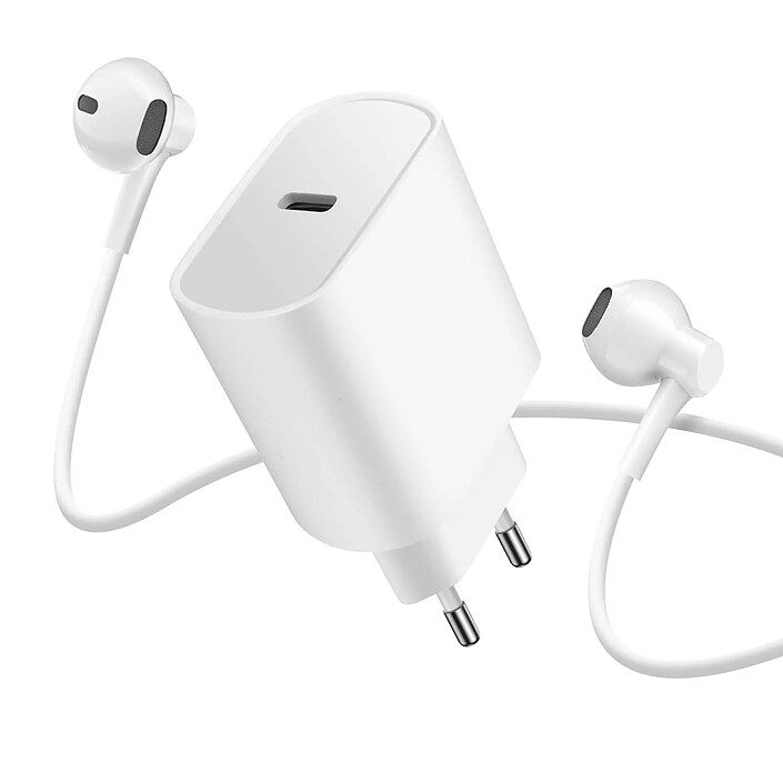 Avizar Pack Chargeur USB-C 20W + Écouteurs Filaires Jack 3.5mm avec Micro Blanc