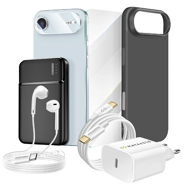 Mayaxess Pack Complet pour iPhone 17 Air Coque, Verre, Chargeurs, Batterie externe, écouteurs (7 pièces) Noir