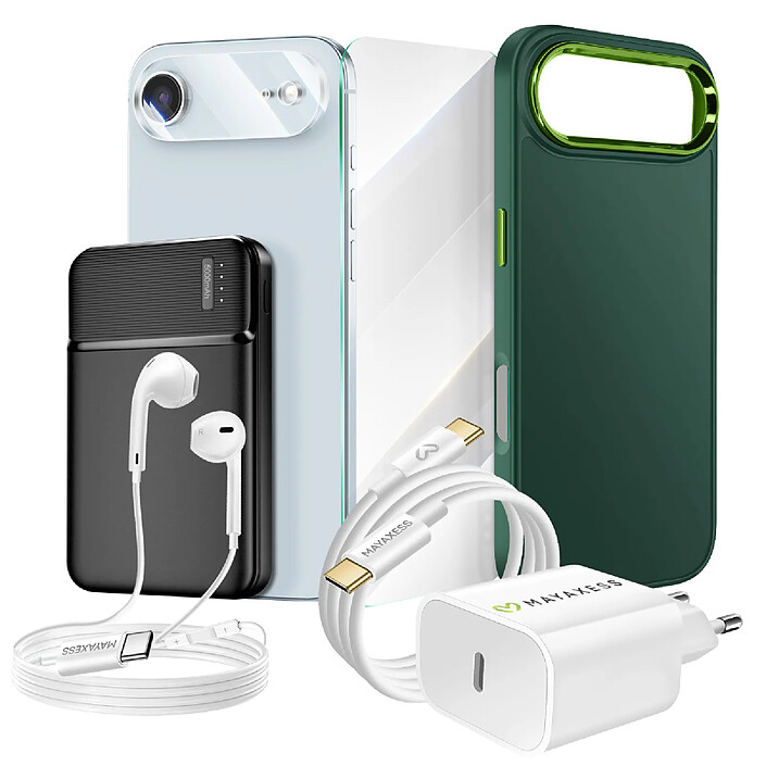 Mayaxess Pack Complet pour iPhone 17 Air Coque, Verre, Chargeurs, Batterie externe, écouteurs (7 pièces) Vert