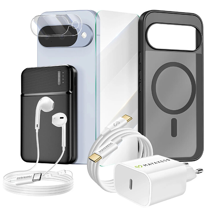 Mayaxess Pack Complet pour Pixel 10 Coque, Verre, Chargeurs, Batterie externe, écouteurs (7 pièces) Noir