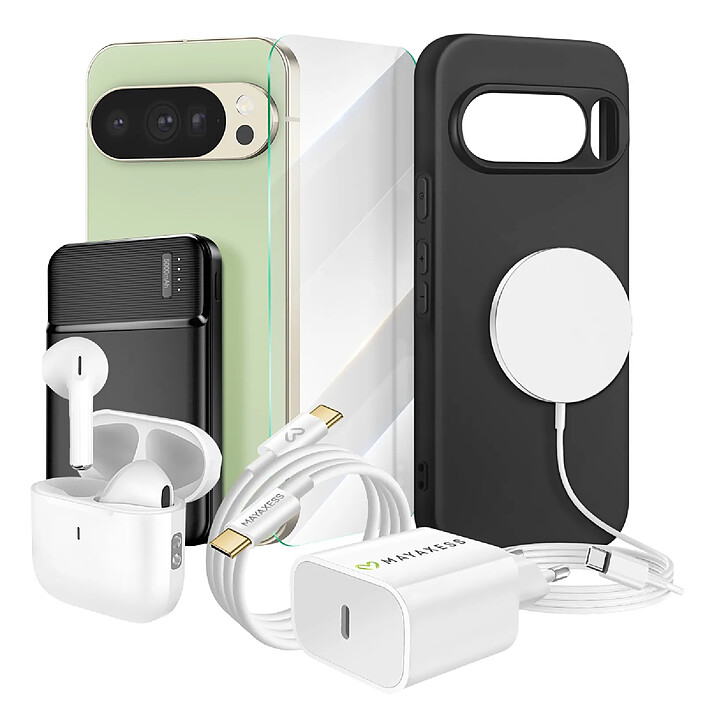 Mayaxess Pack Elite pour Pixel 10 Pro Coque, Verre, Chargeurs, Batterie externe, Magsafe, Écouteurs Bluetooth (7 pièces) Noir