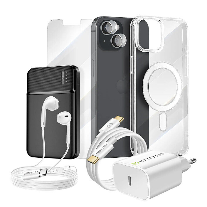 Mayaxess Pack Complet pour iPhone 13 Coque, Verre, Chargeurs, Batterie externe, écouteurs (7 pièces) Transparent