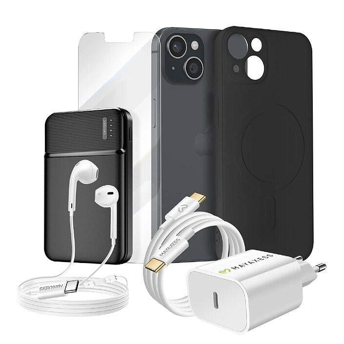 Mayaxess Pack Complet pour iPhone 13 Coque, Verre, Chargeurs, Batterie externe, écouteurs (6 pièces) Noir