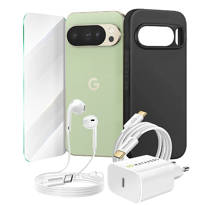 Mayaxess Pack Essentiel pour Pixel 10 Pro Coque, Verre, Chargeurs, écouteurs (5 pièces) Noir
