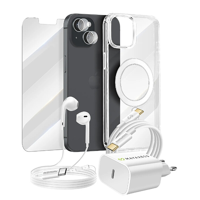 Mayaxess Pack Essentiel pour iPhone 13 Coque, Verre, Chargeurs, écouteurs (6 pièces) Transparent